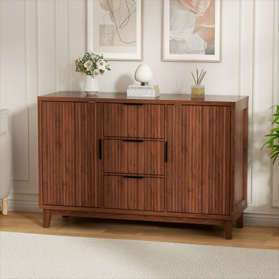 Vabches 47.2" W Fluted Sideboard Credenza Cabinet, 2-Doors 3-Drawer Wood Buffet Storage Cabinet with Adjustable Shelves