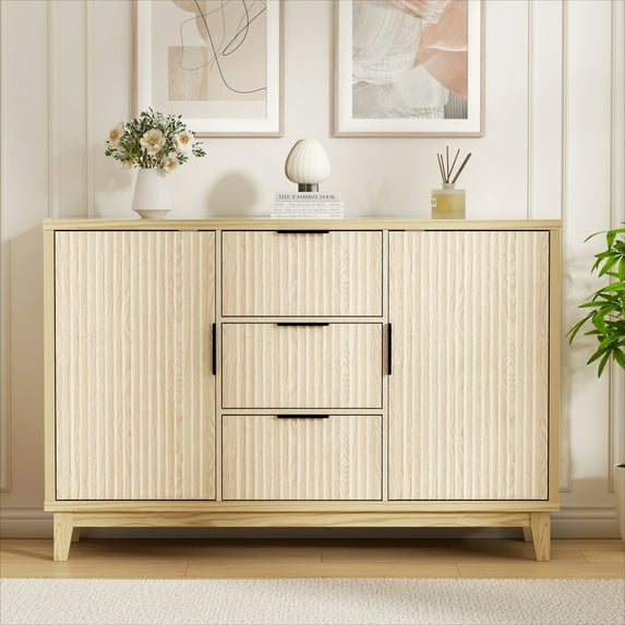 Vabches 47.2" W Fluted Sideboard Credenza Cabinet, 2-Doors 3-Drawer Wood Buffet Storage Cabinet with Adjustable Shelves