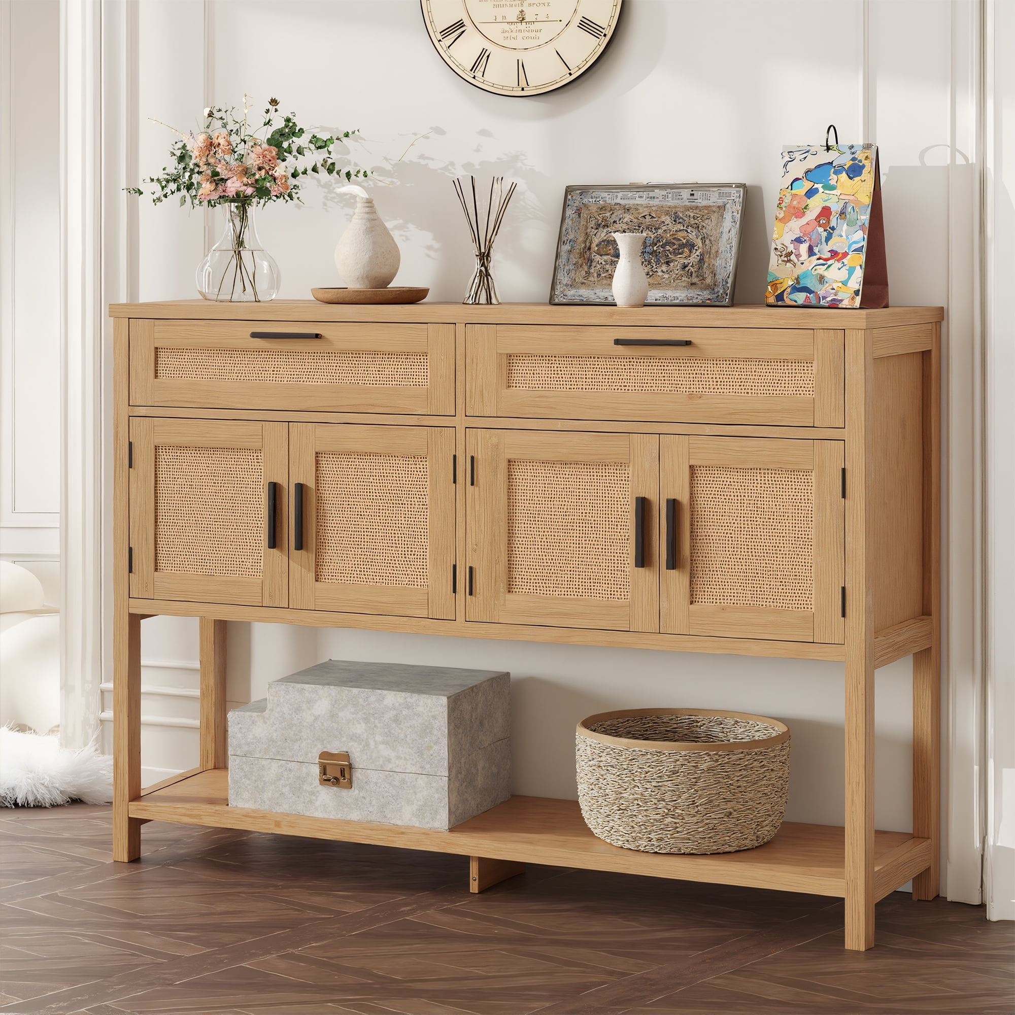 Vabches 47.2" W Rattan Console Table with 2 Drawer, Entryway Tables with 4 Doors and Open Storage Shelf, Sofa Table for Living Room Foyer Hallway Dining