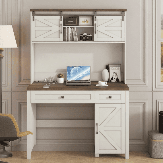 Vabches 47" Farmhouse Executive Desk with Hutch, Home Office Computer Desk with Charging Station & Drawers