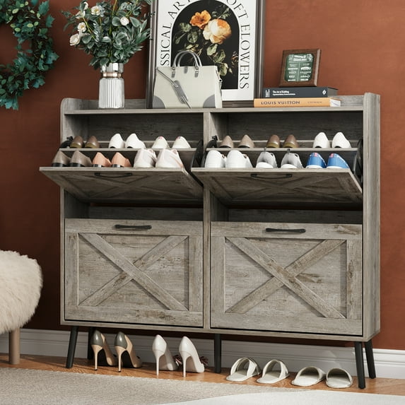 Vabches 47" Shoe Storage Cabinet with 4 Flip Drawers & 2 Compartment, Hidden Narrow Shoe Rack Cabinet with Adjustable Shelves for Entryway, Hallway