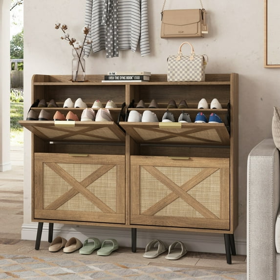 Vabches 47" Shoe Storage Cabinet with 4 Flip Drawers & 2 Compartment, Hidden Narrow Shoe Rack Cabinet with Adjustable Shelves for Entryway, Hallway