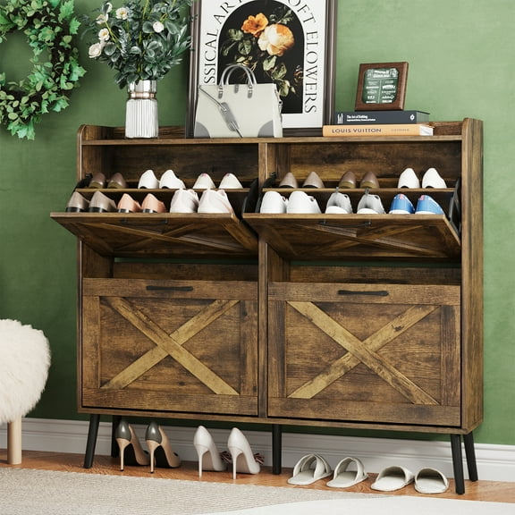 Vabches 47" Shoe Storage Cabinet with 4 Flip Drawers & 2 Compartment, Hidden Narrow Shoe Rack Cabinet with Adjustable Shelves for Entryway, Hallway