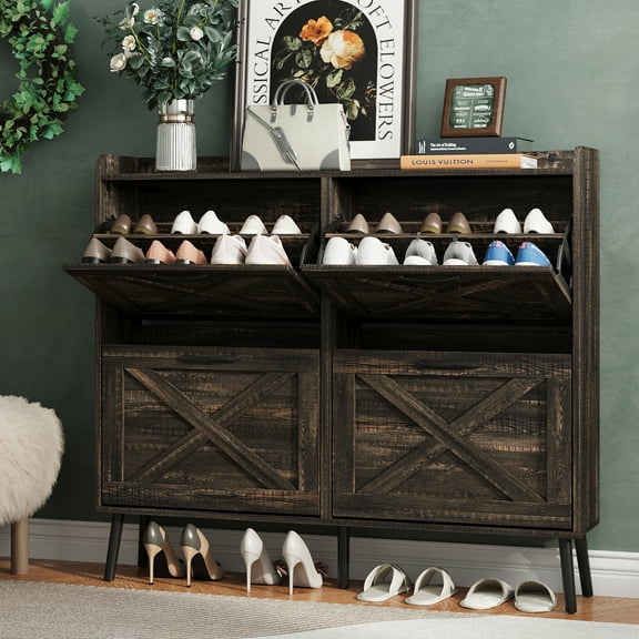 Vabches 47" Shoe Storage Cabinet with 4 Flip Drawers & 2 Compartment, Hidden Narrow Shoe Rack Cabinet with Adjustable Shelves for Entryway, Hallway