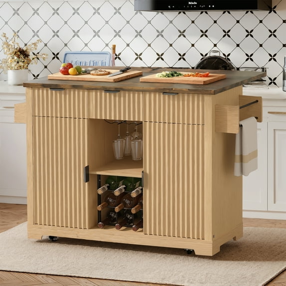 Vabches 50" Fluted Kitchen Island with Drop Leaf and Wheels, Rolling Kitchen Cart with Towel Rack, Wine Rack and 3 Drawers, Natural