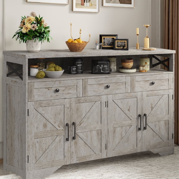 Vabches 51'' Large Sideboard Buffet Cabinet, Farmhouse Kitchen Buffet Cabinet with Charging Station, Storage Drawers and Adjustable Shelf, Wood Coffee Bar Cabinet for Living Room