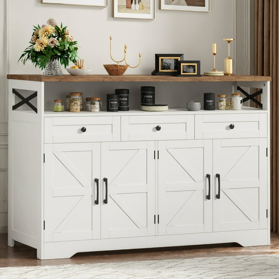 Vabches 51'' Large Sideboard Buffet Cabinet, Farmhouse Kitchen Buffet Cabinet with Charging Station, Storage Drawers and Adjustable Shelf, Wood Coffee Bar Cabinet for Living Room