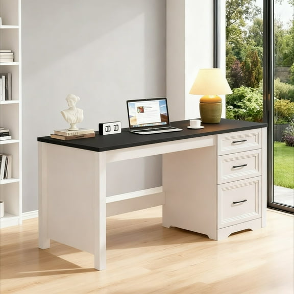 Vabches 55" W Executive Desk with 3 Drawers, Farmhouse Home Office Desk with File Cabinet and 2 Drawers, Wooden Workstation for Work Study Writing