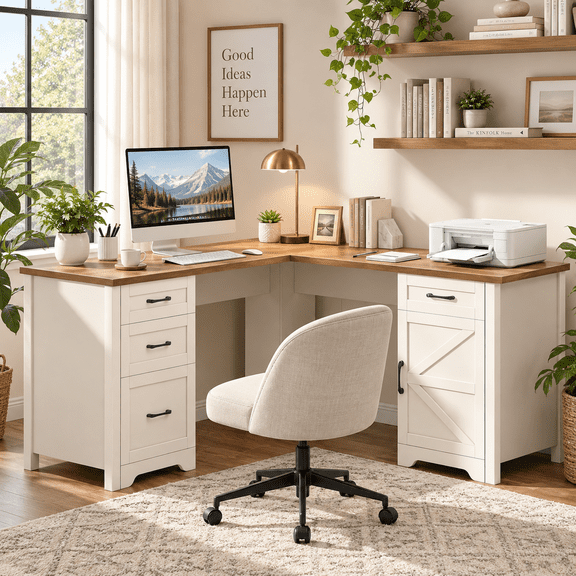 Vabches 59" Farmhouse L-Shaped Desk with Outlets & File Drawer, White Brown