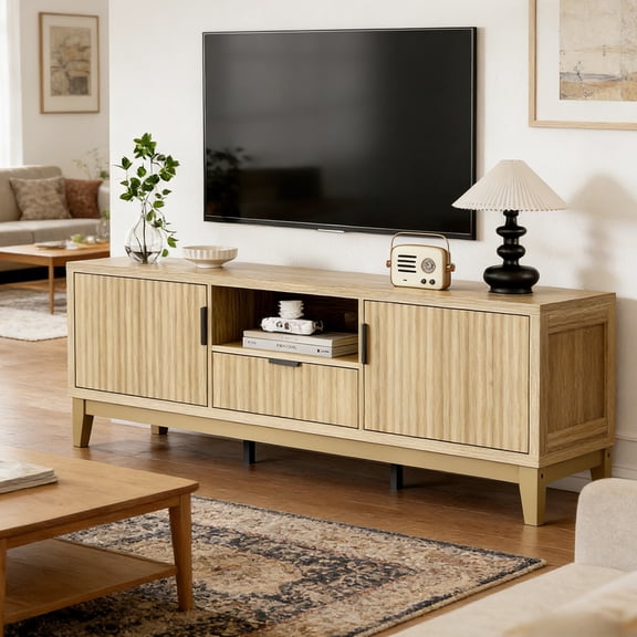 Vabches 59" Modern TV Stand for TVs up to 65 inch, Fluted Console Table with Adjustable Shelves Drawer and Storage Cabinets for Living Room