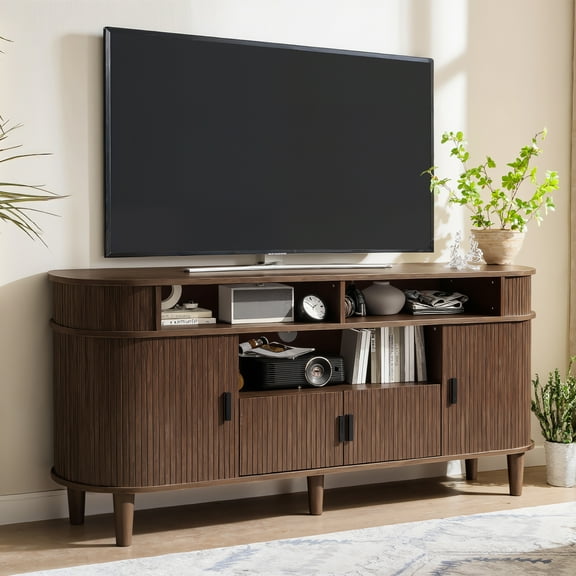 Vabches 59" Sliding Tambour Door TV Stand for 65" TVs, Mid-Century Entertainment Center with LED Lights and Open Shelves for Living Room, Bedroom