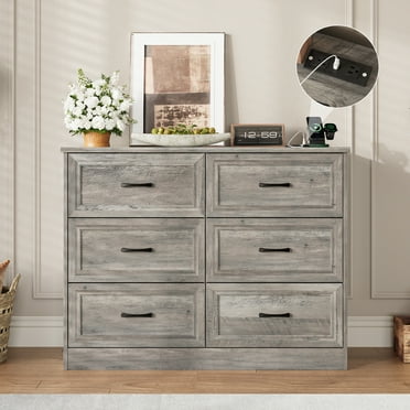 Vabches 6 Drawers Dresser for Bedroom, Wood Chest of Drawers with Charging Station , Grey