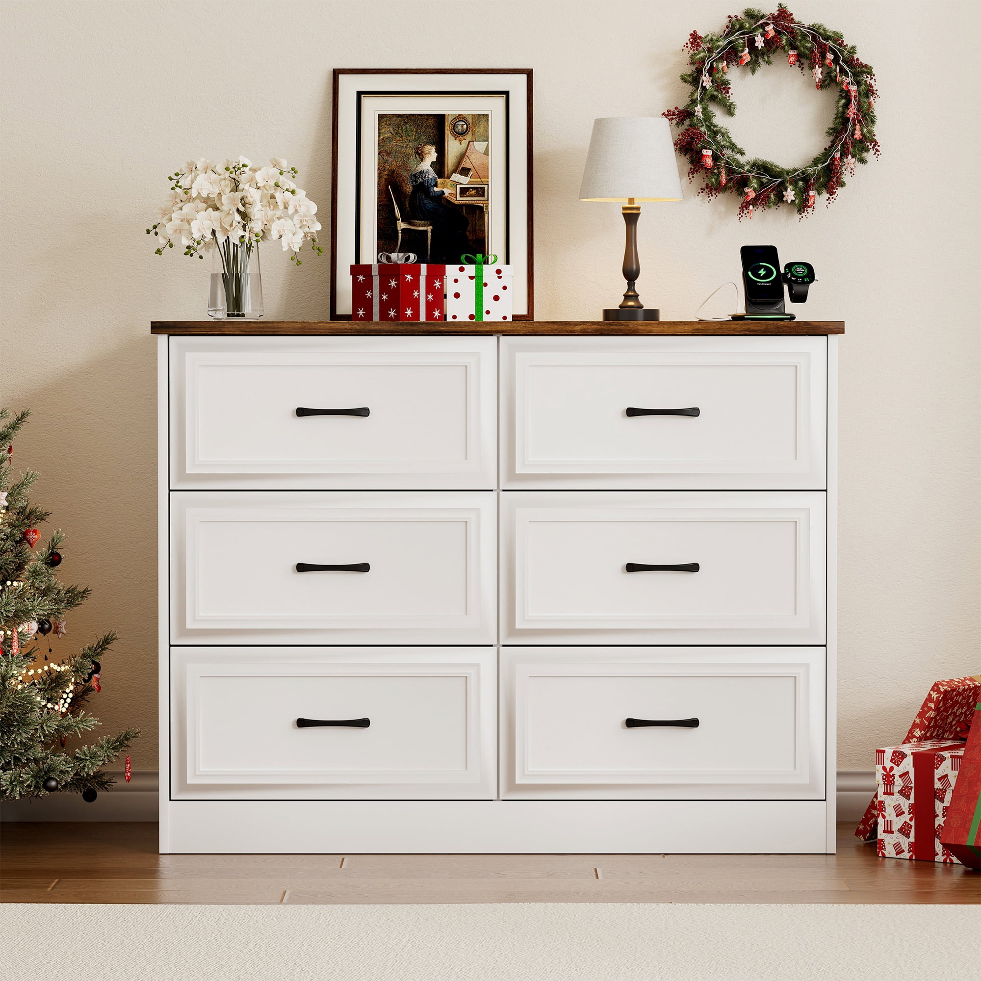 Vabches 6 Drawers Dresser with Charging Station for Bedroom, Wood Chest of Drawers, Farmhouse
