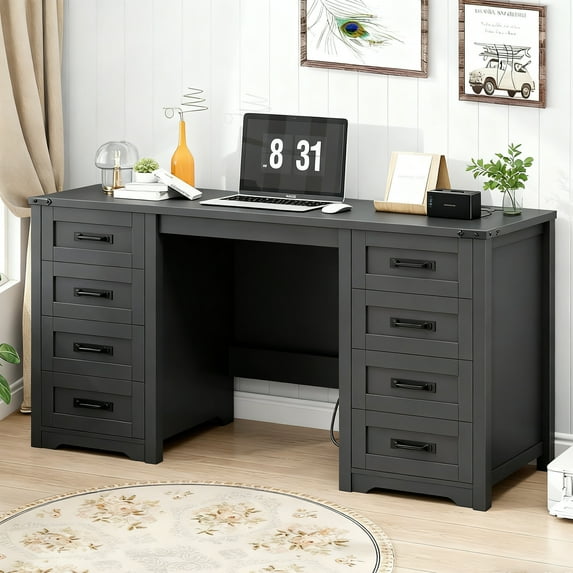 Vabches 60” W Wooden Executive Desk with 8 Drawers, Large Workstation Desk with File Drawer and Metal Handle, Computer Desk for Home Office
