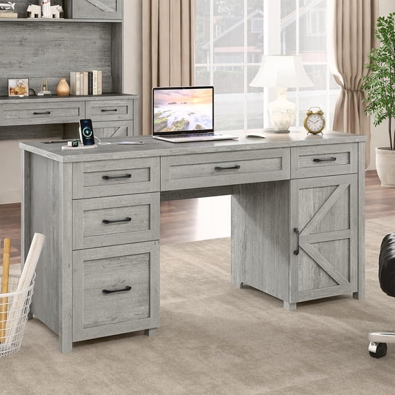 Vabches 61'' Executive Desk with 5 File Drawers, Wood Workstation with Charging Station & Storage Cabinet for Home Office and Study
