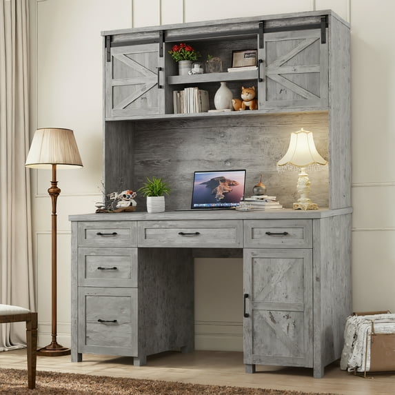 Vabches 61" W Executive Desk with Hutch, Farmhouse Office Computer Desk with 5 Drawers and Charging Station & File Cabinet, Wood Writing Study Table