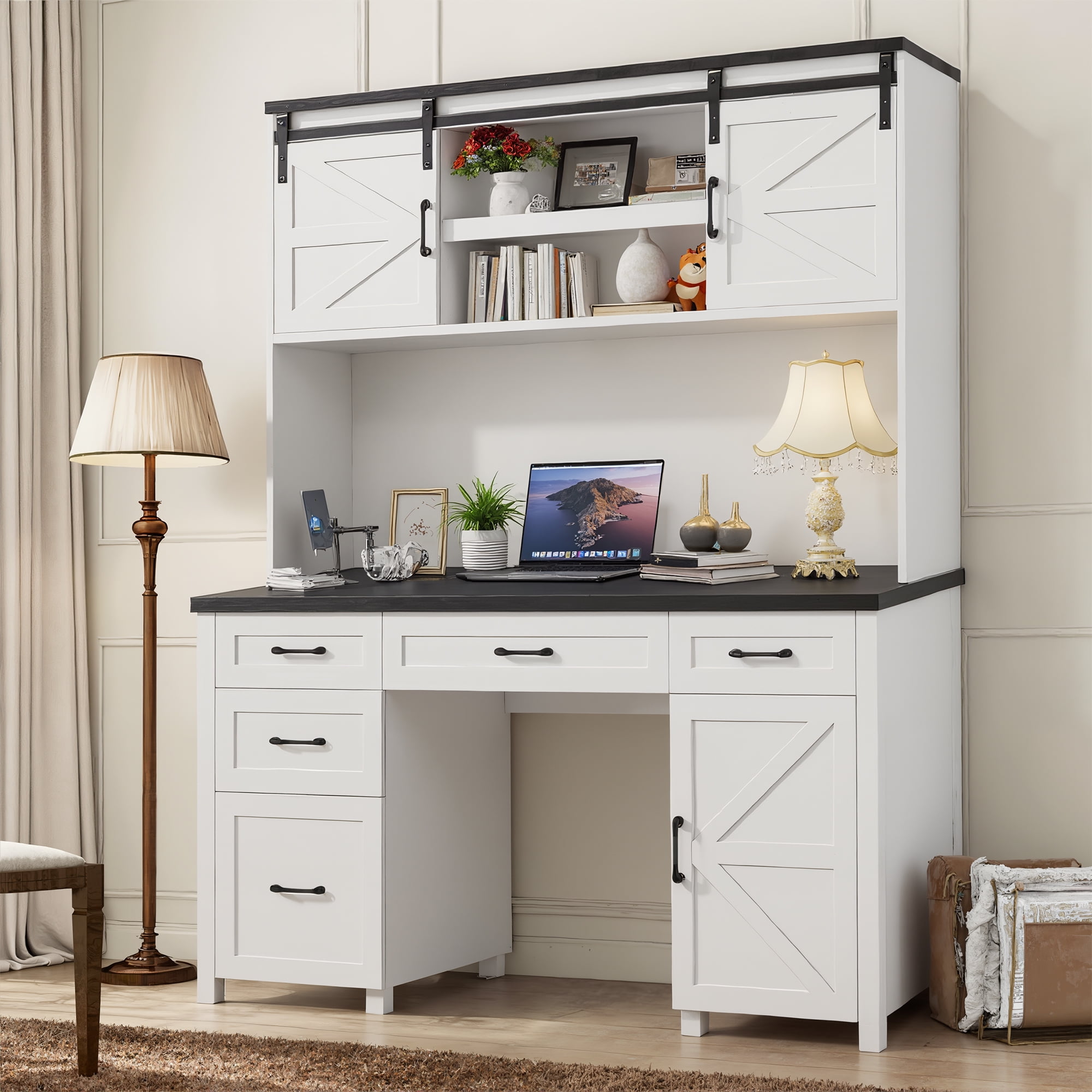 Vabches 61" W Executive Desk with Hutch, Farmhouse Office Computer Desk with 5 Drawers and Charging Station & File Cabinet, Wood Writing Study Table