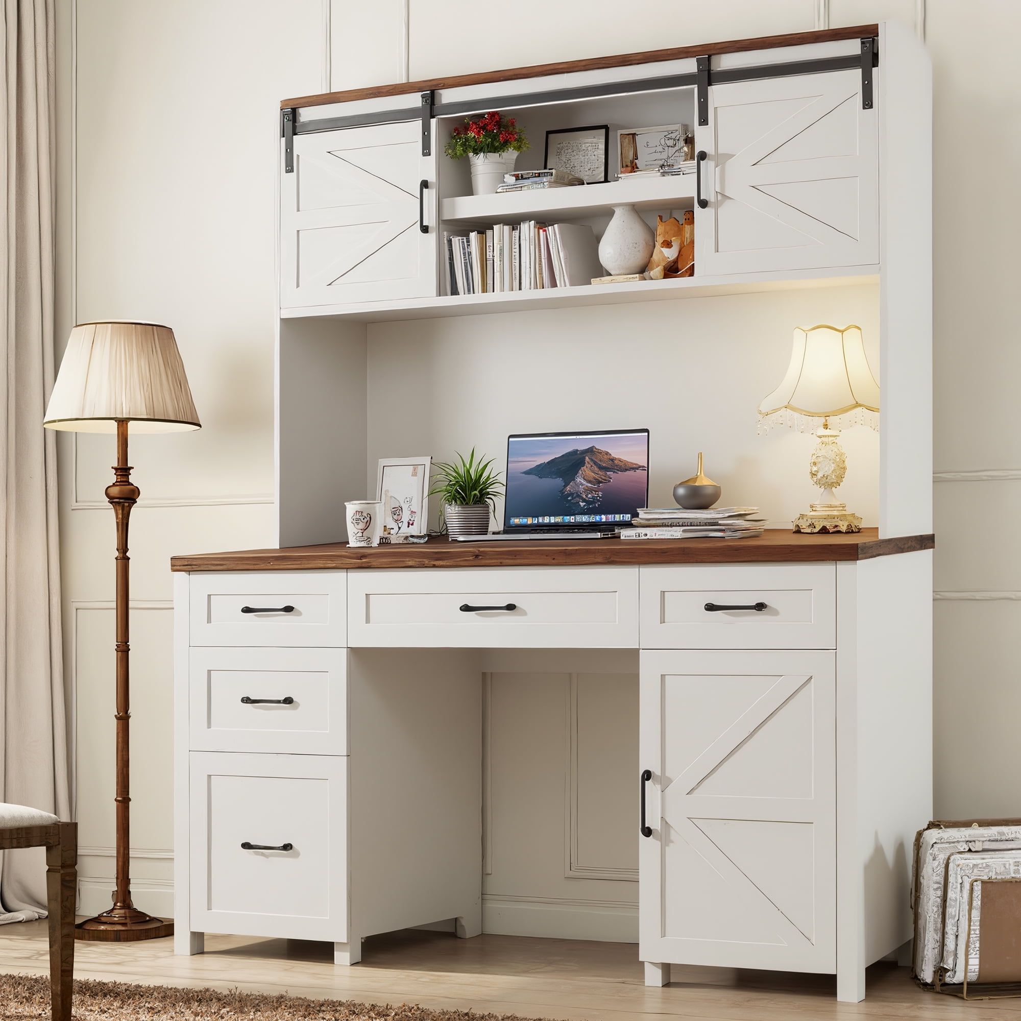 Vabches 61" W Executive Desk with Hutch, Farmhouse Office Computer Desk with 5 Drawers and Charging Station & File Cabinet, Wood Writing Study Table
