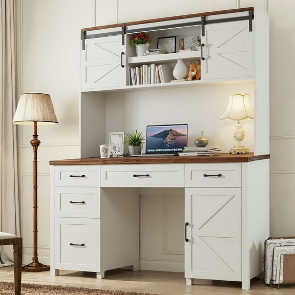 Vabches 61" W Executive Desk with Hutch, Farmhouse Office Computer Desk with 5 Drawers and Charging Station & File Cabinet, Wood Writing Study Table