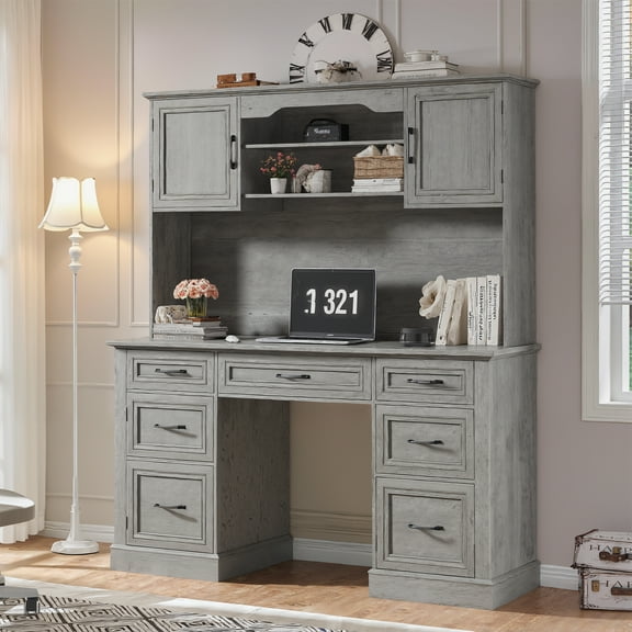 Vabches 67" H Executive Desk with Hutch and 5 Drawers, Farmhouse Computer Desk with Charging Station, File Drawer and Storage Cabinet, Wood Workstation for Home Office and Study