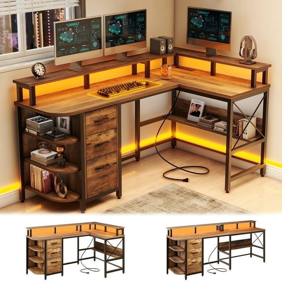 Vabches 67" L Shaped Computer Desk with LED Lights and Power Outlets, Reversible L Shaped Gaming Desk with 3 Drawers Hutch Monitor Stand
