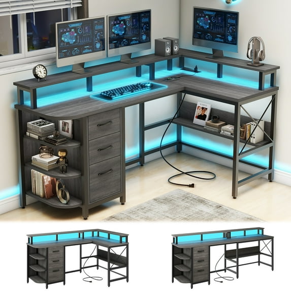 Vabches 67" L Shaped Computer Desk with LED Lights and Power Outlets, Reversible L Shaped Gaming Desk with 3 Drawers Hutch for Adolescents and adults
