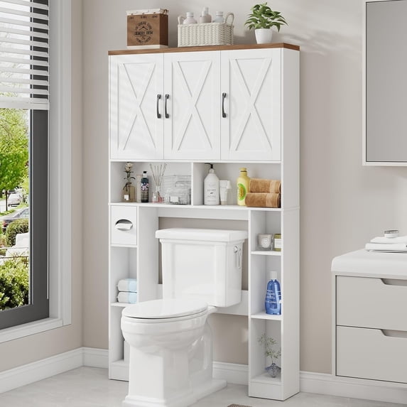 Vabches 67" Over The Toilet Storage Cabinet with Adjustable Shelf and Paper Holder, Freestanding Bathroom Storage Organizer with Open Storage Shelf
