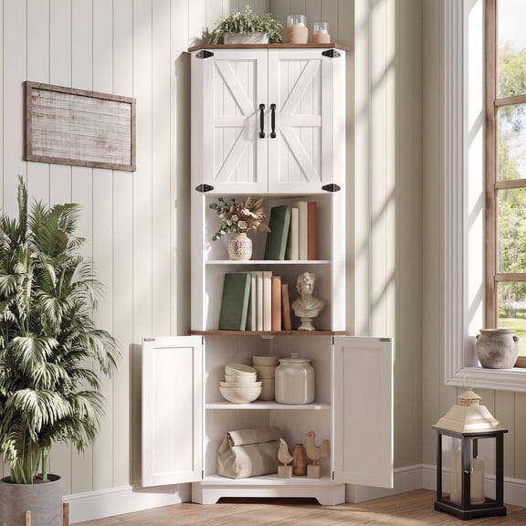 Vabches 69" Tall Corner Cabinet with Adjustable Shelves, Farmhouse Storage Cabinet with 4 Barn Doors, Corner Storage Cabinet for Bathroom, Living Room, Kitchen