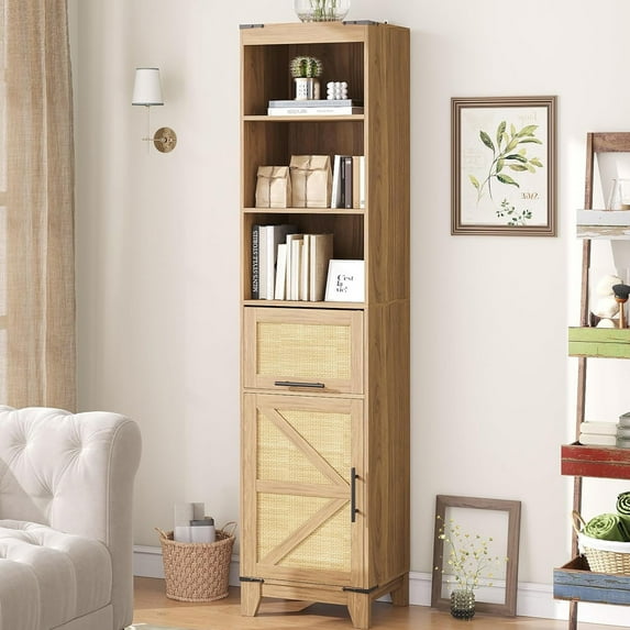 Vabches 70" Tall Bathroom Storage Cabinet, 6-Tier Rattan Bathroom Storage Cabinet with Adjustable Shelf & Drawer for Kitchen, Living Room