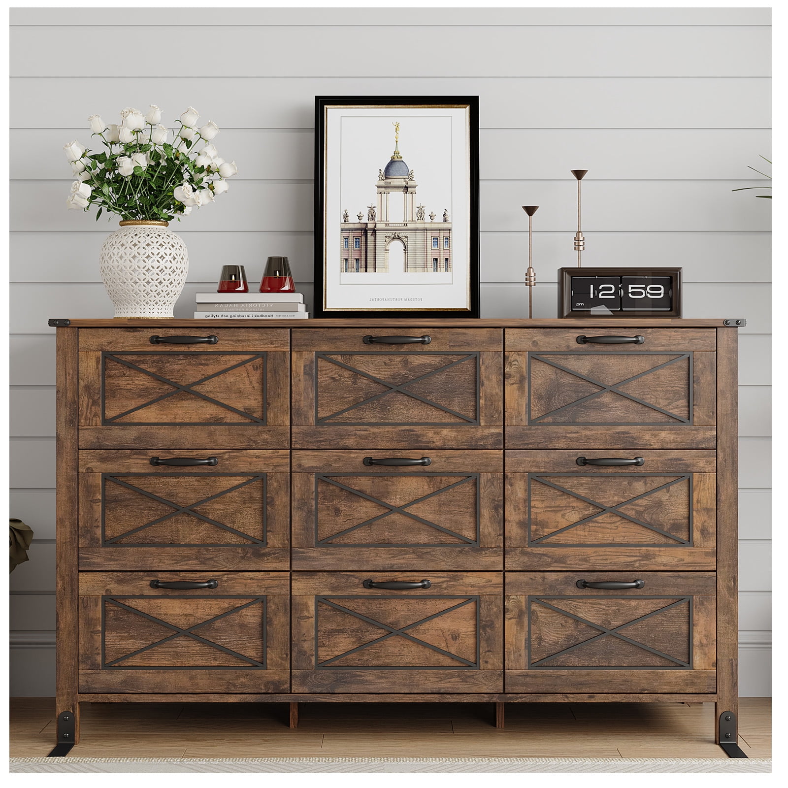 QUW 6-Drawer Dresser With Charging Station – Farmhouse Style For Bedroom, Living Room, Hallway