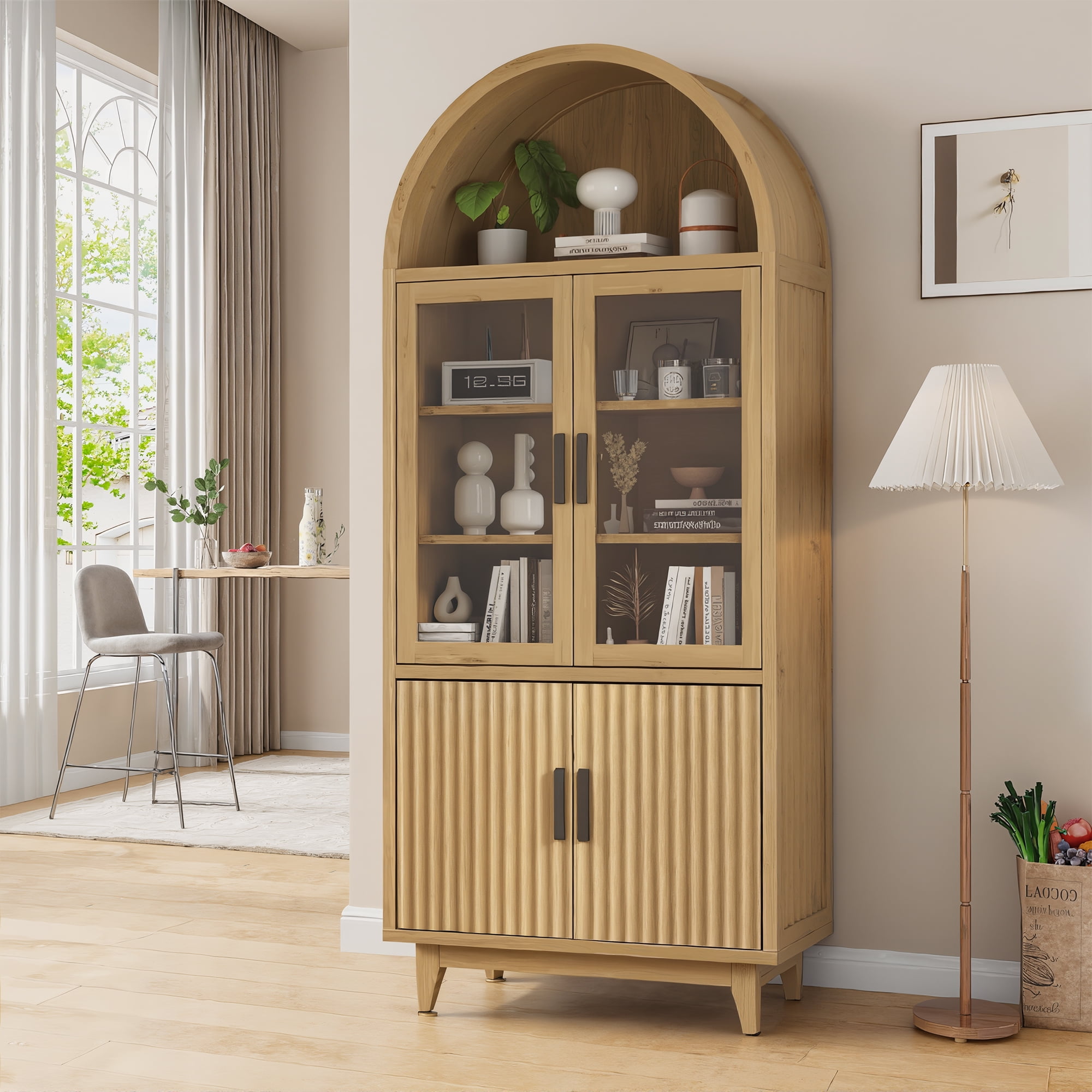 Vabches Arched Kitchen Pantry Storage Cabinet, 71" Tall Fluted Cabinet with 2 Glass Doors, 2 Doors for Kitchen, Living Room, Bedroom