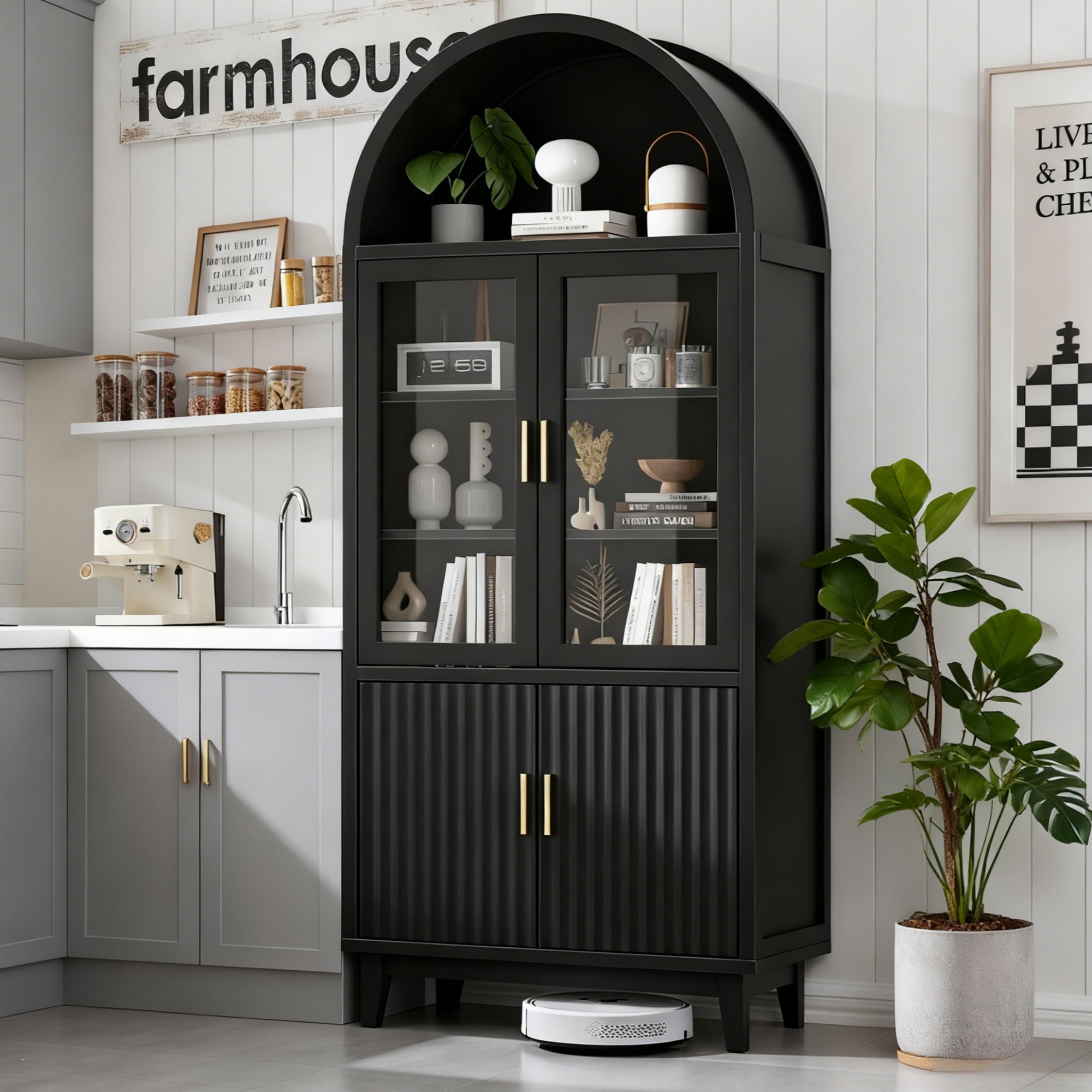 Vabches Arched Kitchen Pantry Storage Cabinet, 71" Tall Fluted Cabinet with 2 Glass Doors, 2 Doors for Kitchen, Living Room, Bedroom