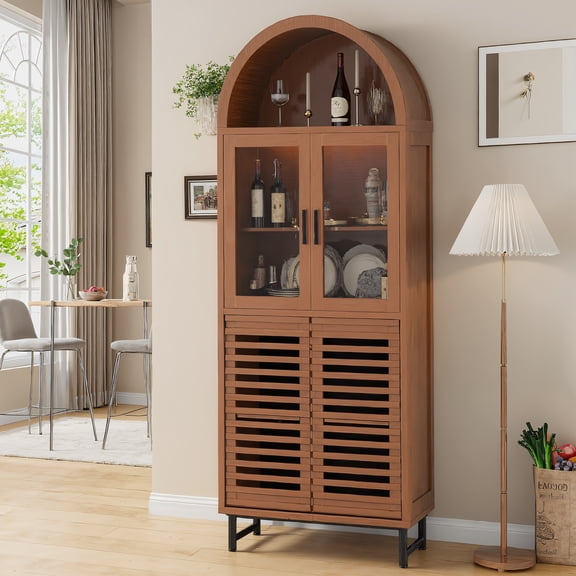 Vabches Arched Kitchen Pantry Storage Cabinet, 78" Tall Fluted Cabinet with LED Lights 2 Glass Doors for Kitchen, Living Room, Bedroom