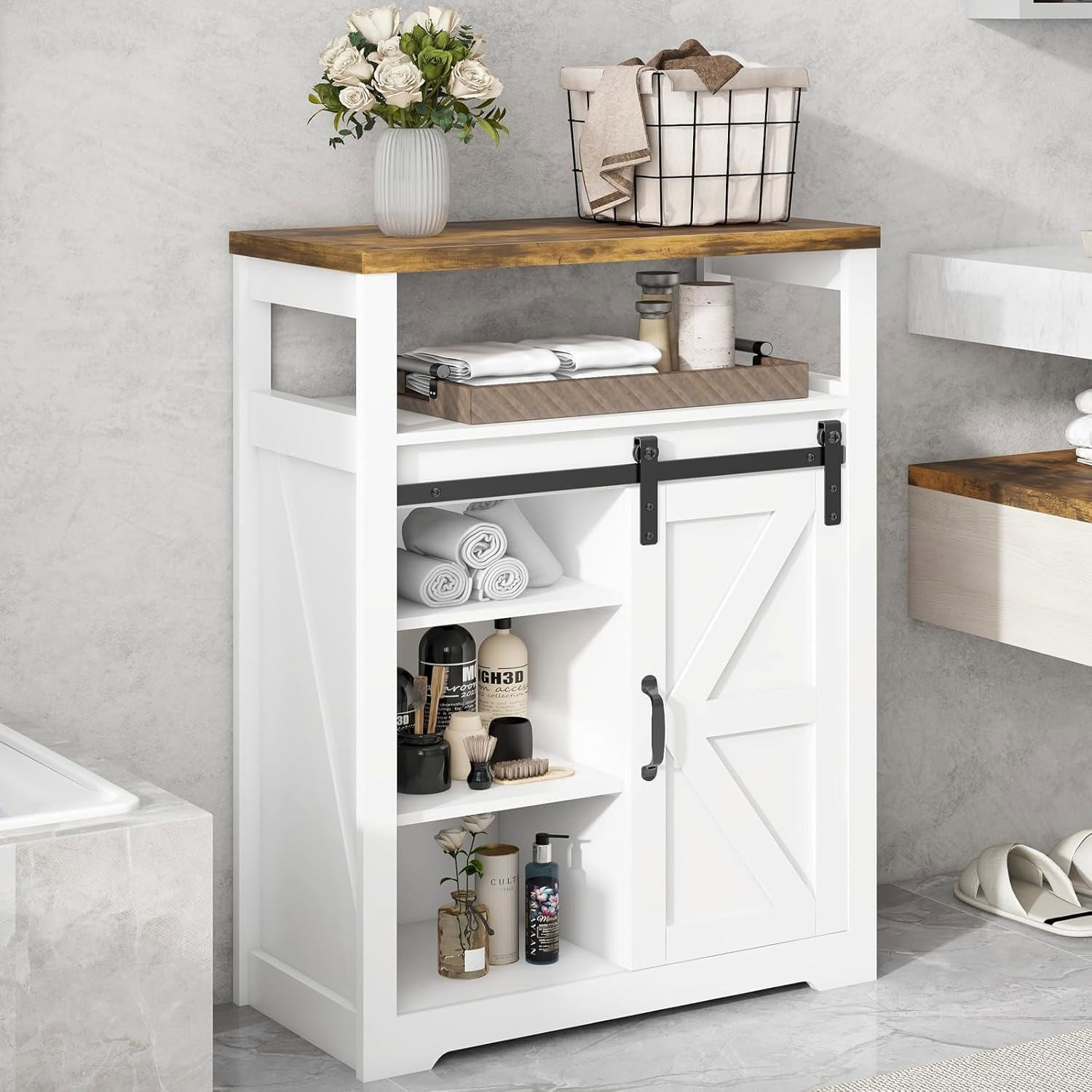 Vabches Bathroom Floor Cabinet with Sliding Door,Freestanding Bathroom Storage Cabinet with Adjustable Shelf