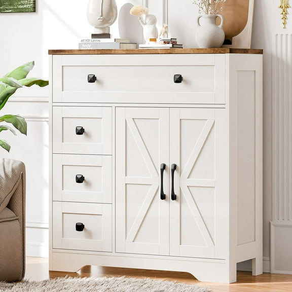 Vabches Bathroom Floor Storage Cabinet, Free Standing Bathroom Floor Cabinet Side Cupboard with Adjustable Shelf and 4 Drawers for Home Living Room Office