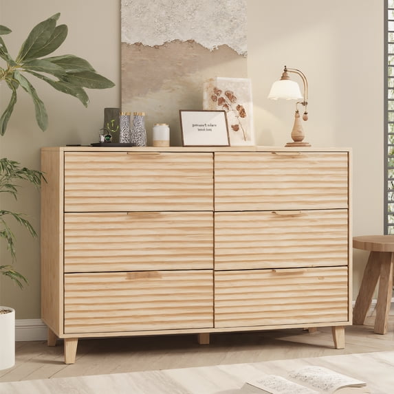 Vabches Bedroom Dresser with 6 Drawers, Wooden Double Dresser Organizer with Charging Station for Living Room, Closet, Hallway
