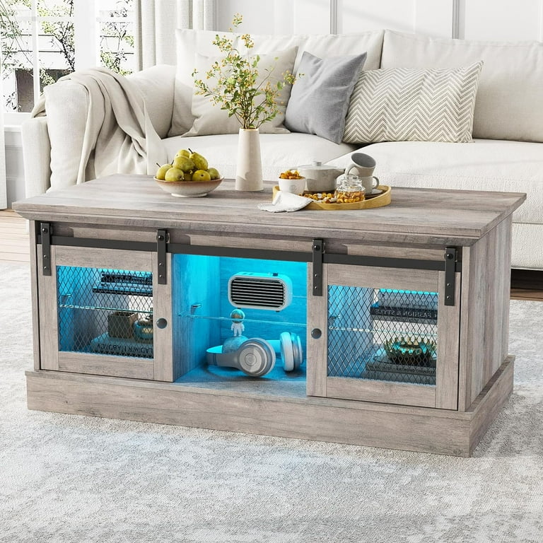 Vabches Coffee Table with Storage and Sliding Barn Doors Farmhouse Industrial Wood Square Table with LED Lights Adjustable Shelves Rustic Center Rectangular Cabinet for Living Room Wash Grey Walmart.c...