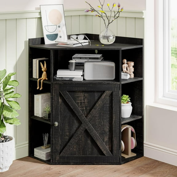 Vabches Corner Storage Cabinet, Farmhouse Buffet Sideboard with Power Outlet with USB Charging Station 6-Cubby Bookshelf for Study, Playroom, Living Room