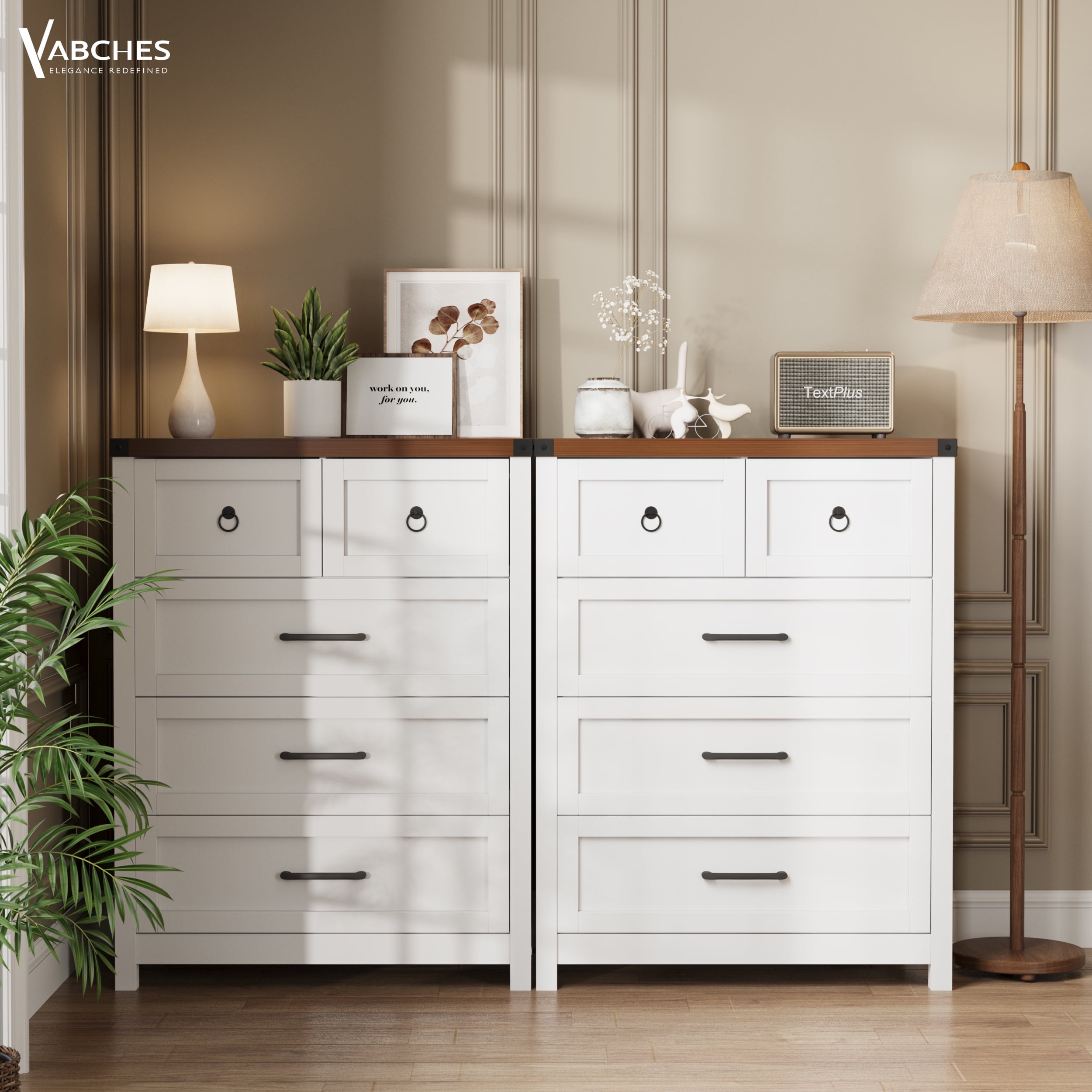Vabches White 5 Drawer Dresser 41.3 Tall Wood Wide Chest of Drawers for Bedroom Entryway Living Room Closets
