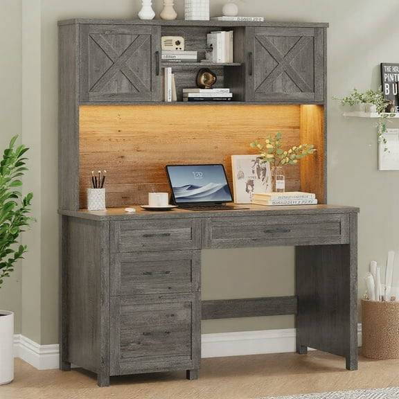 Vabches Executive Desk with Hutch & Charging Station & LED Lights, Farmhouse Office Computer Desk with Adjustable Shelves and File Drawers