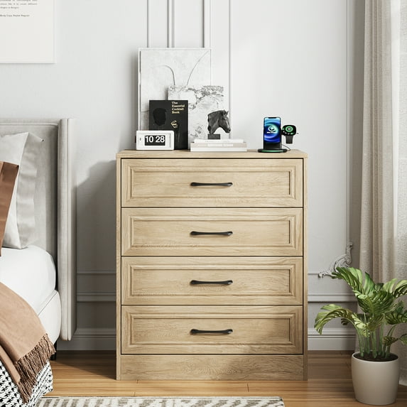 Vabches Farmhouse 4 Drawer Dresser with Metal Handle, Tall Wood Chest of Drawers for Living Room Bedroom,Yellow