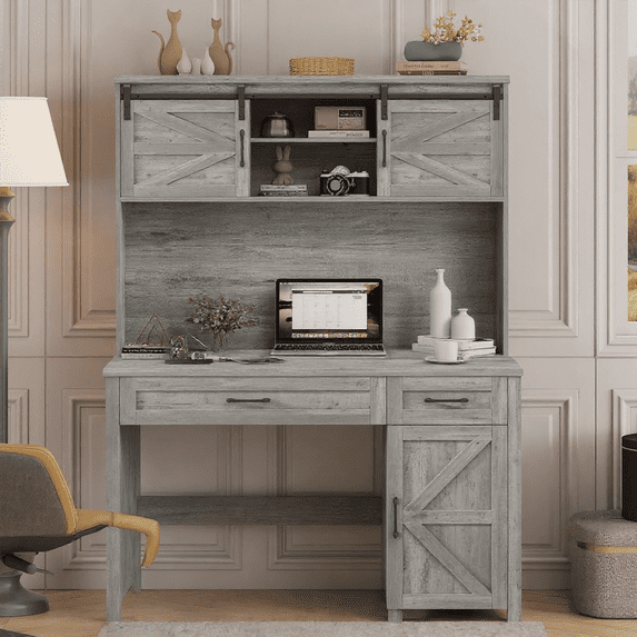 Vabches Farmhouse 47" Executive Desk with Hutch, Computer Desk with Charging Station, Drawers and Storage Cabinet, Workstation Desk for Home Office