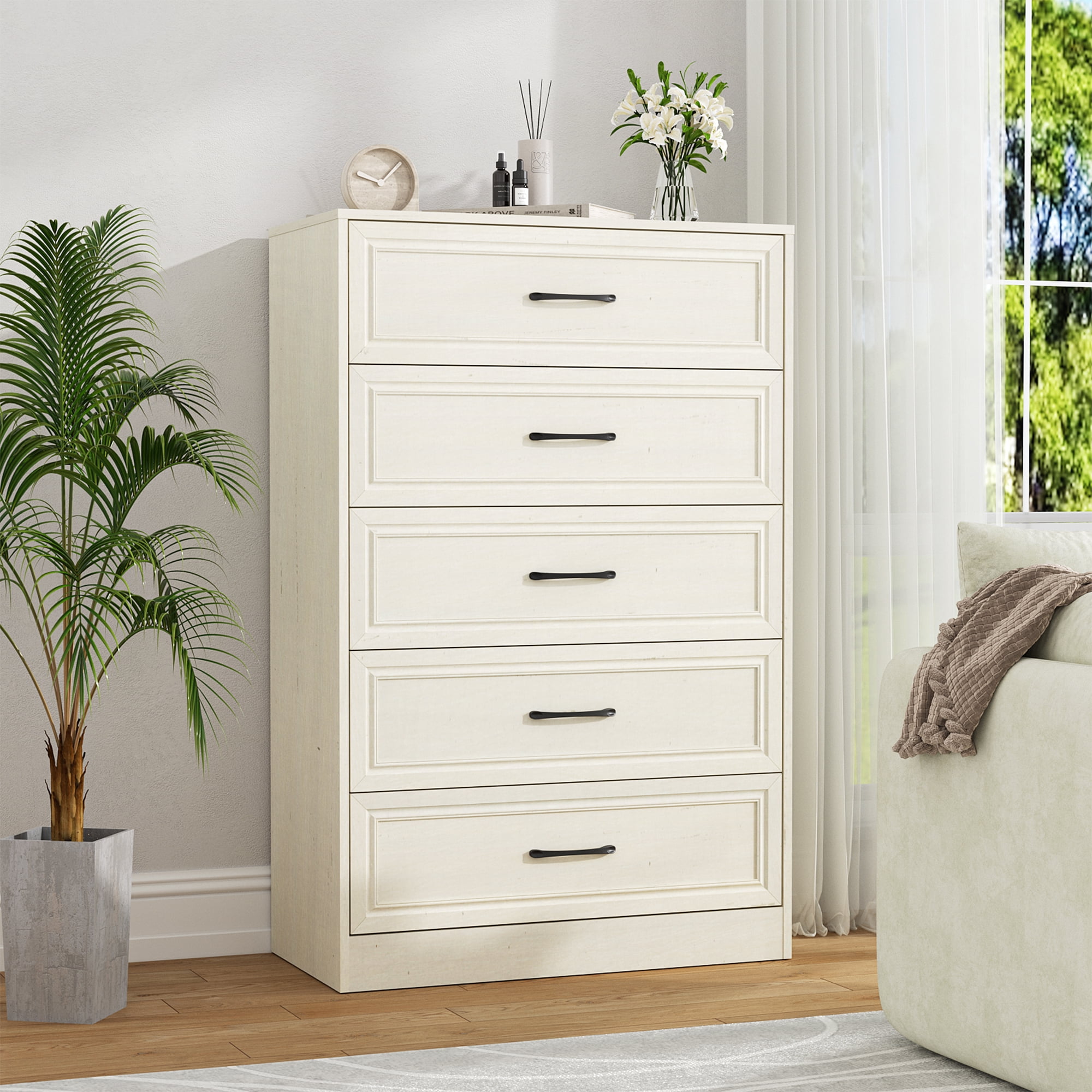 White Medium Wood Farmhouse Tall Dresser with Metal Handles