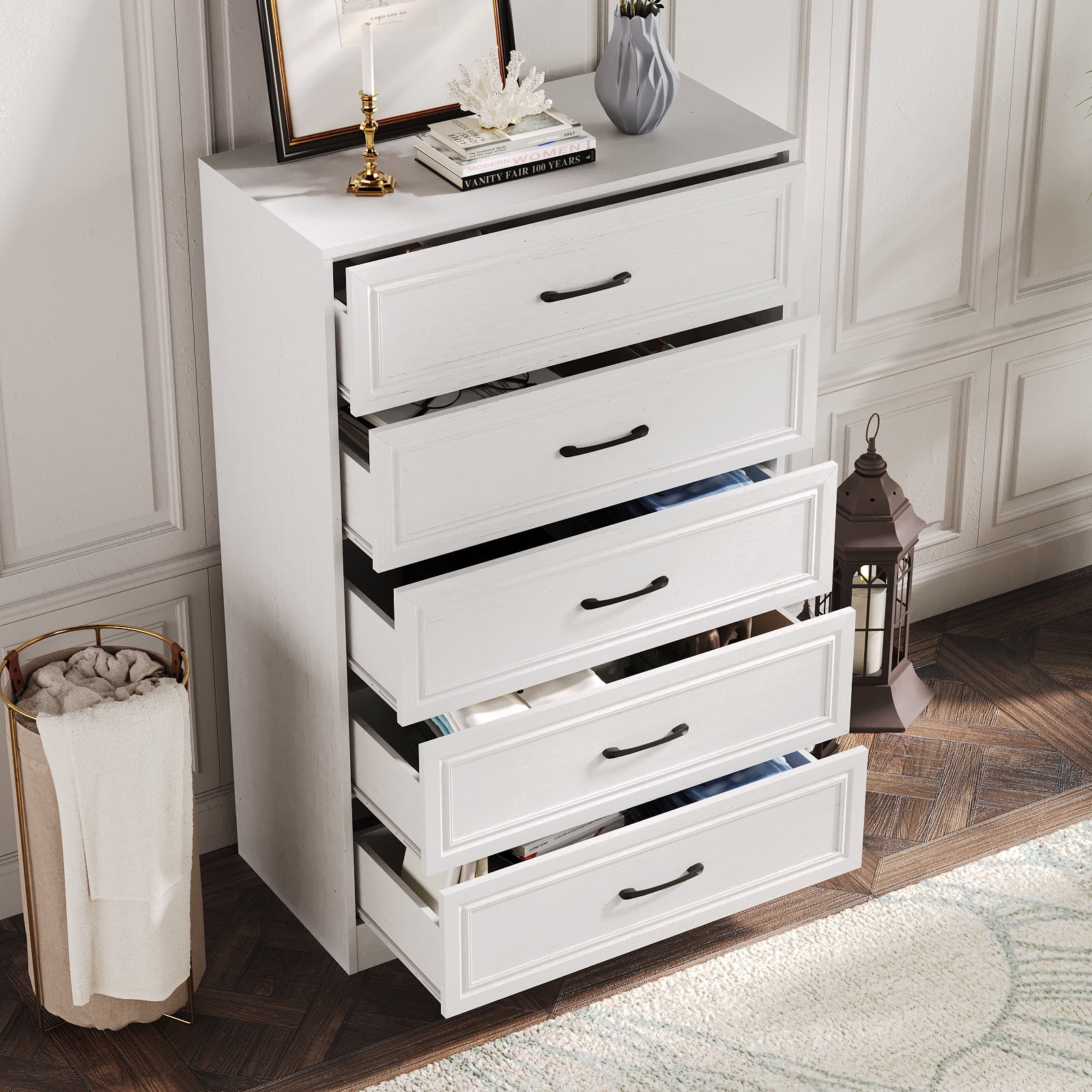 White Medium Wood Farmhouse Tall Dresser with Metal Handles