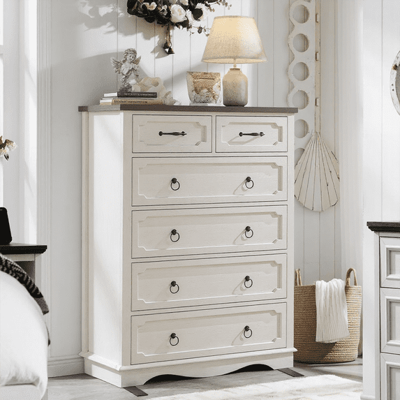 Vabches Farmhouse 6 Drawer Dresser, 43" Tall Chest of Drawers for Bedroom, Living Room, Hallway, Entryway, Antique White
