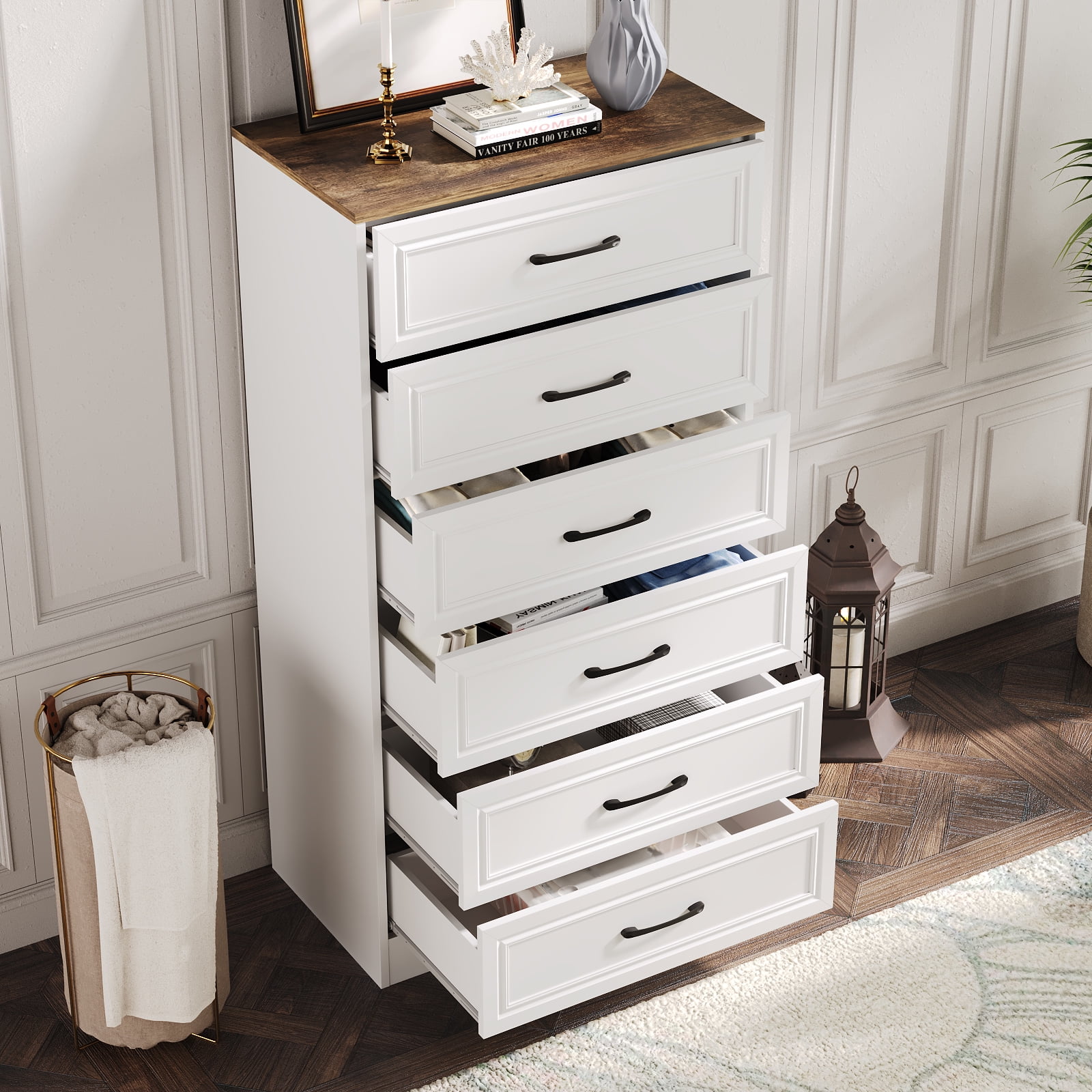 Vabches Farmhouse 6 Drawer Dresser with Metal Handle, Tall Wood Chest ...