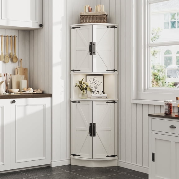 Vabches Farmhouse 64.8" Tall Corner Cabinet with 4 Doors and 5 Storage Shelves, Corner Storage Cabinet for Kitchen, Living Room, White