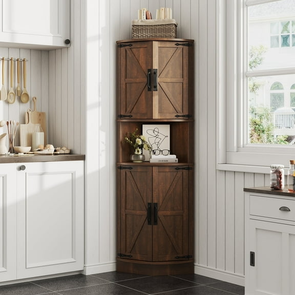 Vabches Farmhouse 64.8" Tall Corner Cabinet with 4 Doors and 5 Storage Shelves, Corner Storage Cabinet for Kitchen, Living Room, Brown