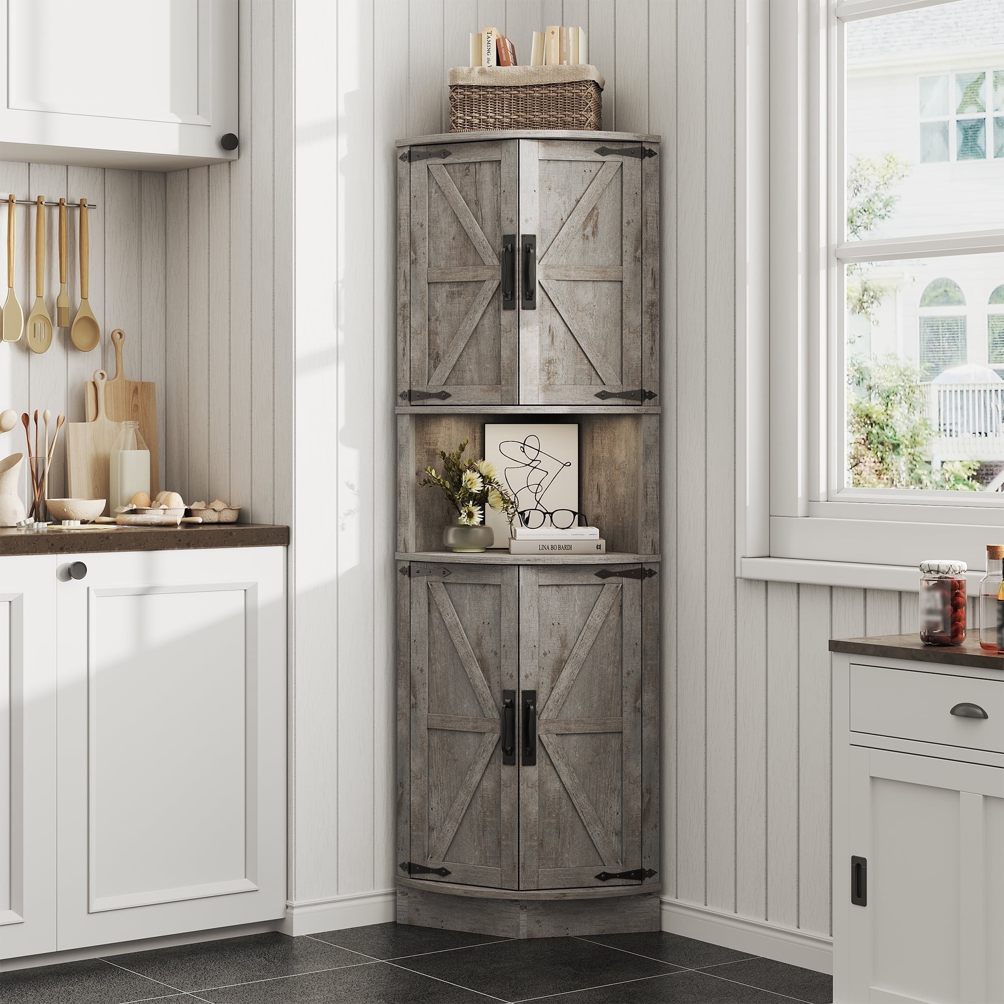 Vabches Farmhouse Corner Cabinet – 64.8” Tall With Barn Doors & 5 Shelves, Space-Saving Storage For Living Room, Kitchen, Laundry | White Rustic Cabinet