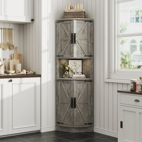Vabches Farmhouse 64.8" Tall Corner Cabinet with 4 Doors and 5 Storage Shelves, Corner Storage Cabinet for Kitchen, Living Room, Grey